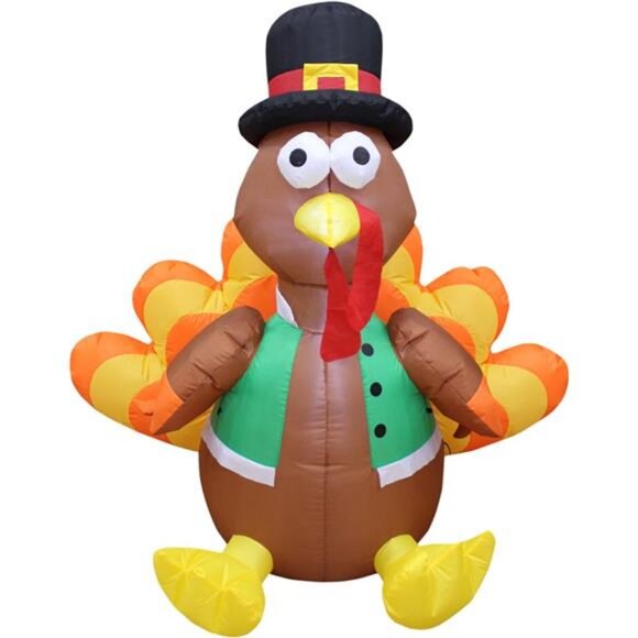 4 Foot Tall Happy Thanksgiving Inflatable Turkey with Pilgrim Hat Perfect - Picture 6 of 7